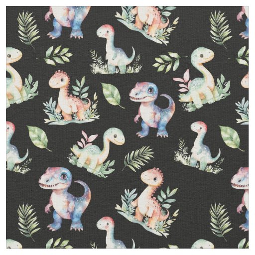 Watercolor Dinosaurs on Black Fabric