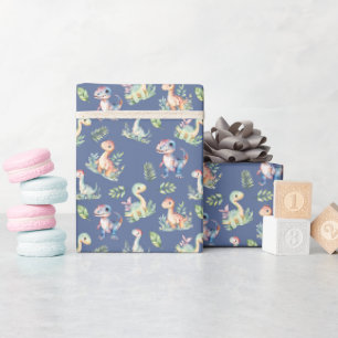 Watercolor Dinosaurs on Dark Blue-Gray Wrapping Paper