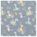 Watercolor Dinosaurs on Gray-Blue Fabric