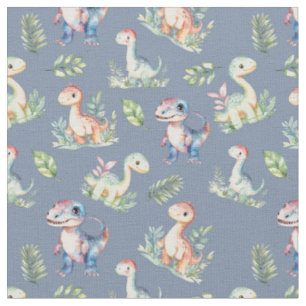 Watercolor Dinosaurs on Gray-Blue Fabric