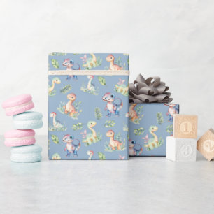 Watercolor Dinosaurs on Gray Blue Wrapping Paper