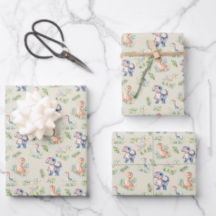 Watercolor Dinosaurs on Grayish Yellow Wrapping Paper Sheets
