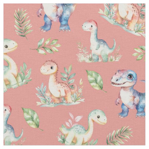 Watercolor Dinosaurs on Pink Fabric