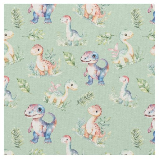 Watercolor Dinosaurs on Sage Green Fabric