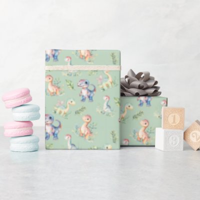 Watercolor Dinosaurs on Sage Green Wrapping Paper
