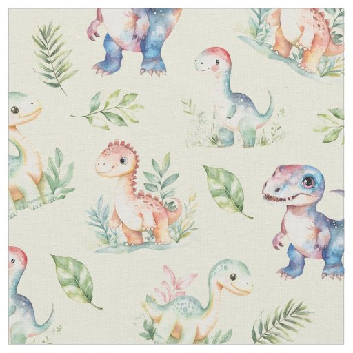 Watercolor Dinosaurs on Yellow Fabric