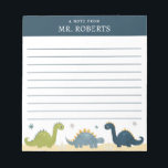Watercolor Dinosaurs Science Teacher Notepad<br><div class="desc">Dinosaur themed science teacher notepad with name template on a blue background. A cute personalized writing paper pad that is lined and features watercolor stars, triceratops, stegosaurus, and brachiosaurus. This dino themed notepad would make a thoughtful teacher appreciation gift or fun back to school stationery for a daycare caregiver, preschool...</div>