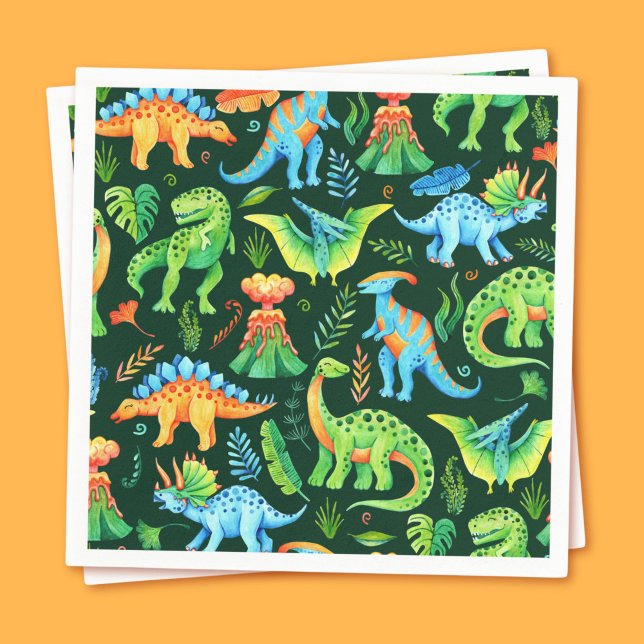 Watercolor Dinosaurs T rex Boys Birthday Party Napkins (Watercolor Dinosaurs Boys Birthday on Dark Green Napkins)