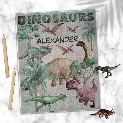 Watercolor Dinosaurs T_Rex Dinos Boys Name Jigsaw Puzzle