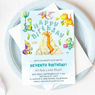 Watercolor Dinosaurs & Volcanos Cute Birthday Boy Invitation