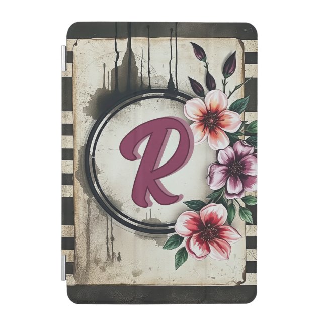 Watercolor Distressed Flowers Chic Messy Monogram iPad Mini Cover (Front)