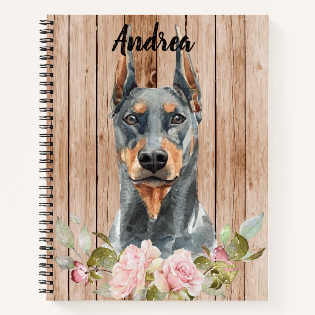 Watercolor Doberman & Flowers Notebook (Front)