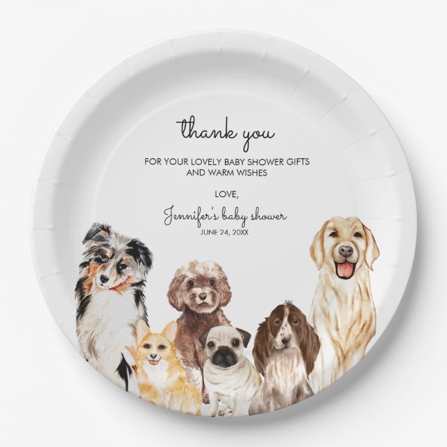 Watercolor Dog baby shower Party Paper Plates (Front)