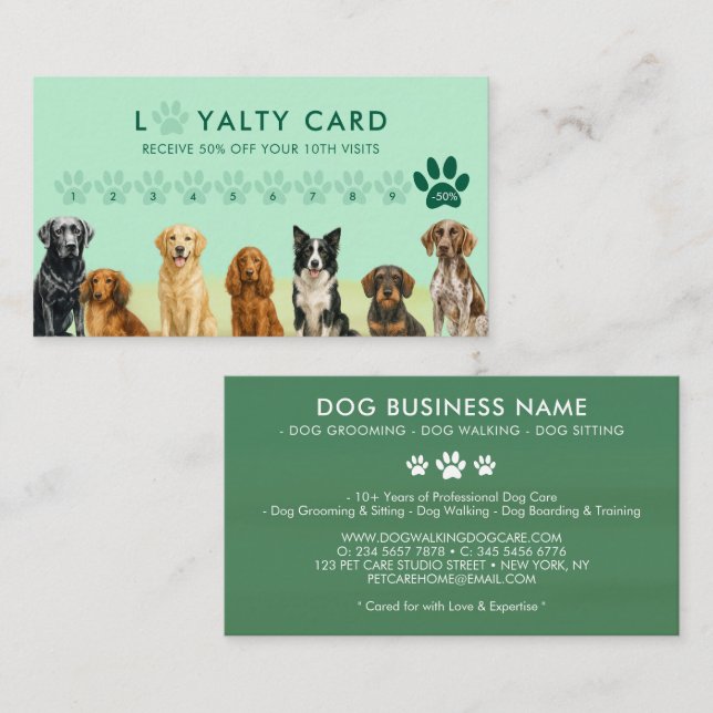 Watercolor Dog Breeds Pet Grooming green Loyalty Business Card (Front/Back)
