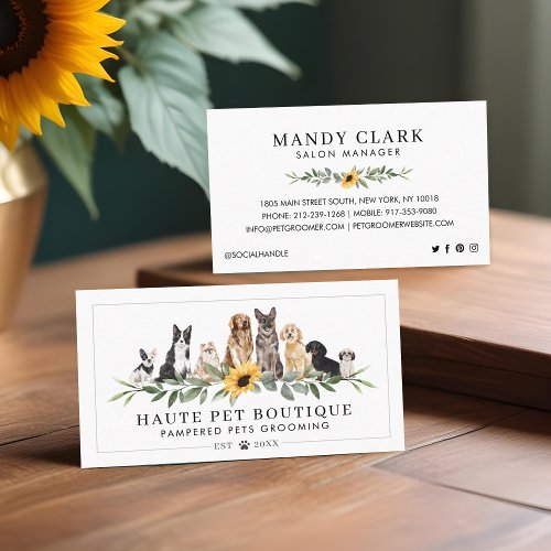 Watercolor Dog Breeds Sunflower Floral Pet Groomer Business Card