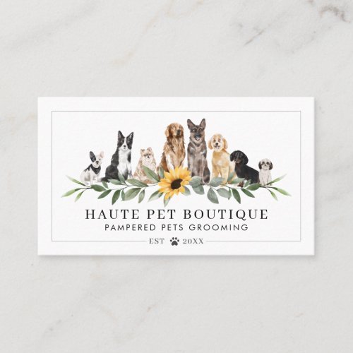 Watercolor Dog Breeds Sunflower Floral Pet Groomer Business Card Watercolor Dog Breeds Sunflower Floral Pet Groomer Business Card