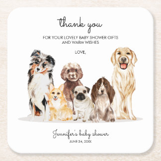 Watercolor Dog Cute Thank you baby shower party Square Paper Coaster