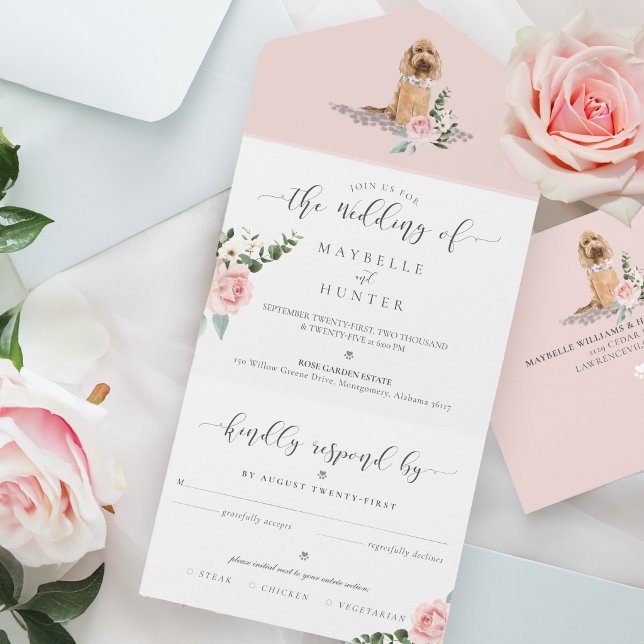 Watercolor Dog & Elegant Pink Rose Floral  All In All In One Invitation