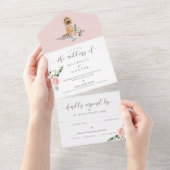 Watercolor Dog & Elegant Pink Rose Floral  All In All In One Invitation (Tearaway)