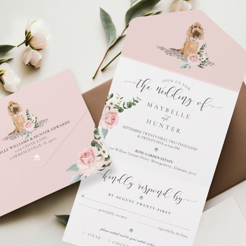 Watercolor Dog  Elegant Pink Rose Floral  All In One Invitation