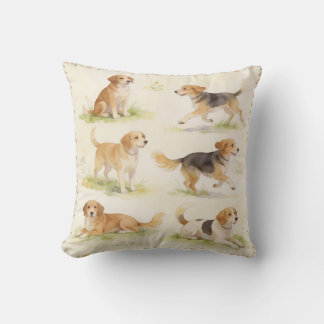 Watercolor Dog Floral Quartet Throw Pillow