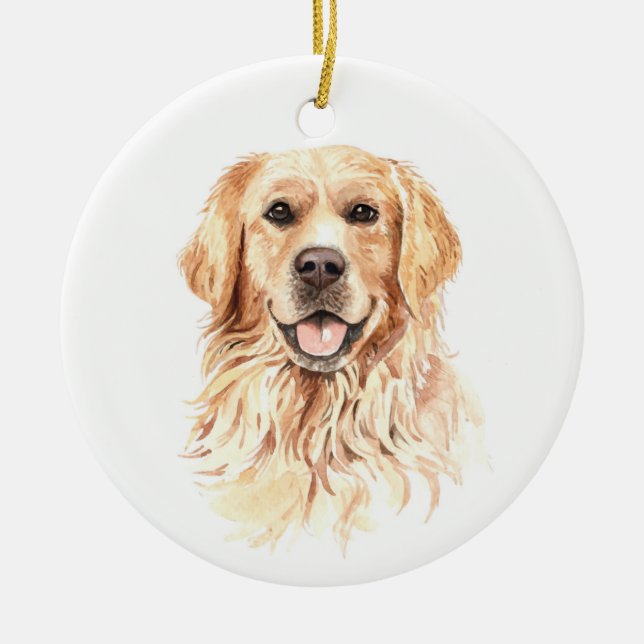 Watercolor Dog Golden Retriever Christmas Ceramic Ornament (Front)