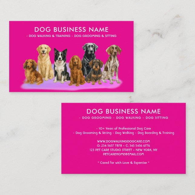 Watercolor Dog Grooming neon pink Business Card (Front/Back)