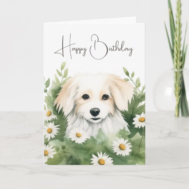 Watercolor Dog In Daisies Card (Front)
