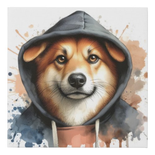 Watercolor Dog in Dark Hoodie Splash Art  Faux Canvas Print