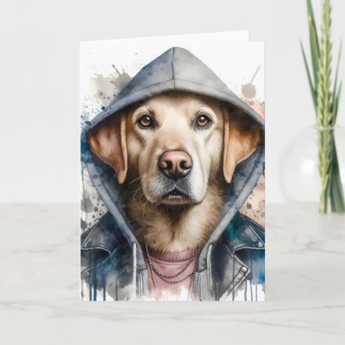 Watercolor Dog in Hoodie Splash Art Blank Card