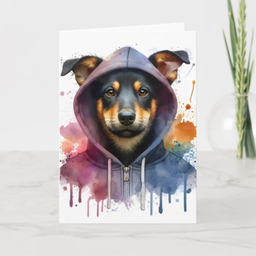 Watercolor Dog in Hoodie Splash Art Blank Greeting Card