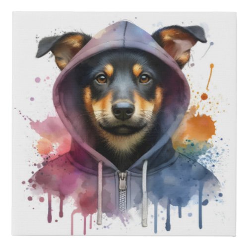 Watercolor Dog in Hoodie Splash Art  Faux Canvas Print