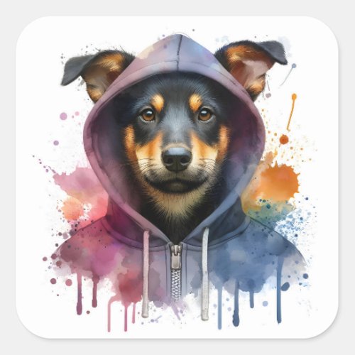 Watercolor Dog in Hoodie Splash Art  Square Sticker