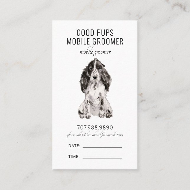 Watercolor Dog Mobile Pet Groomer QR Code Appointment Card (Front)