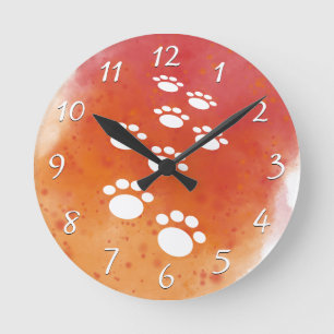 Watercolor Dog Paw Tracks Round Clock