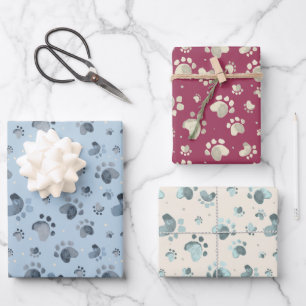 Watercolor Dog Paws Wrapping Paper Set of 3