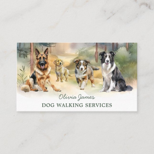 Watercolor Dog Walker Pet Sitting Business Card (Front)