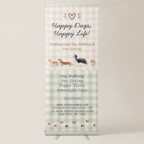 Watercolor Dogs Beige Sage Green Gingham Retractable Banner