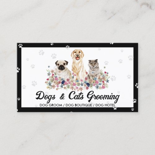 Watercolor Dogs Cats on a Paw Print _ Pet Sitter Business Card