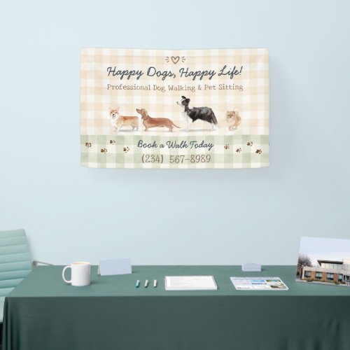 Watercolor Dogs Gingham Pet Care Display Banner