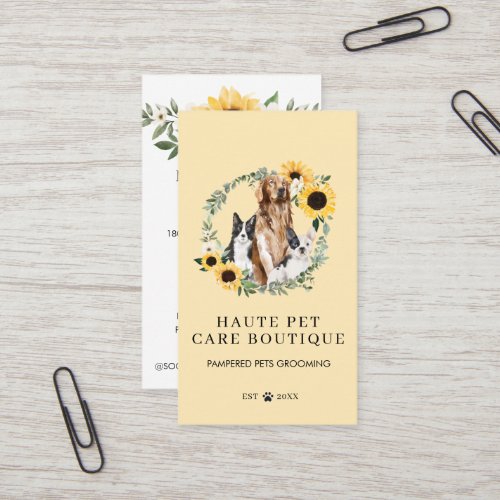 Watercolor Dogs Sunflower Floral Wreath Pet Care Business Card