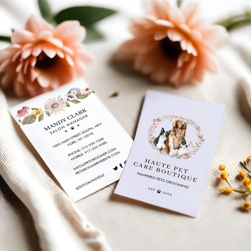 Watercolor Dogs Wildflower Wreath Pet Care Business Card