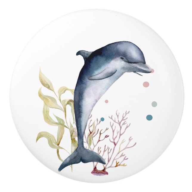 WATERCOLOR DOLPHIN ART COASTAL BEACH VACATION  CERAMIC KNOB (Front)