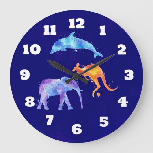 Watercolor Dolphin Elephant and Kangaroo Large Clock