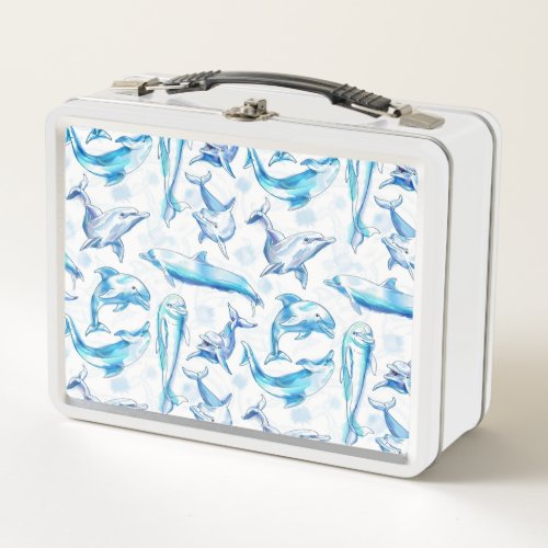 watercolor dolphin fish seamless pattern dolphin  metal lunch box