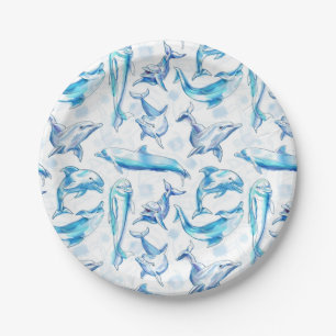 watercolor dolphin fish seamless pattern, dolphin paper plates