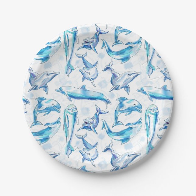 watercolor dolphin fish seamless pattern, dolphin  paper plates (Front)