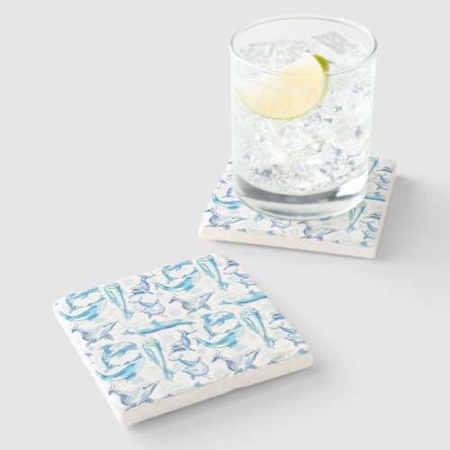 watercolor dolphin fish seamless pattern dolphin  stone coaster