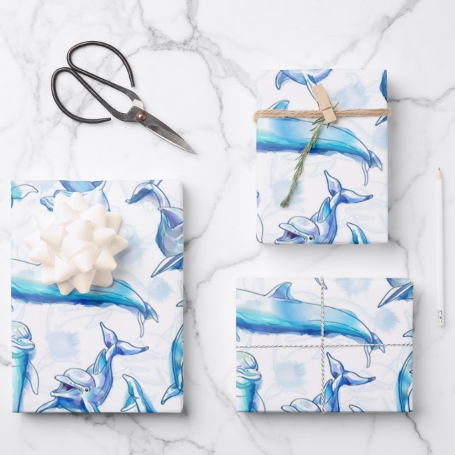 watercolor dolphin fish seamless pattern, dolphin  wrapping paper sheets (Front)