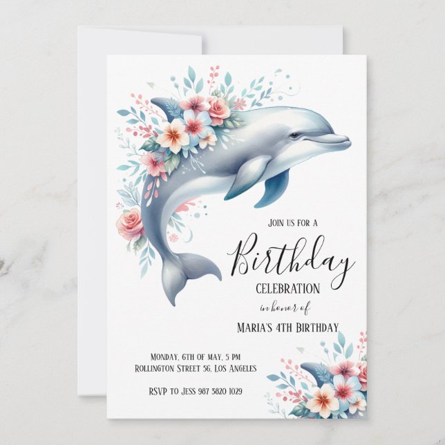 Watercolor Dolphin Floral Birthday Party Invitation (Front)